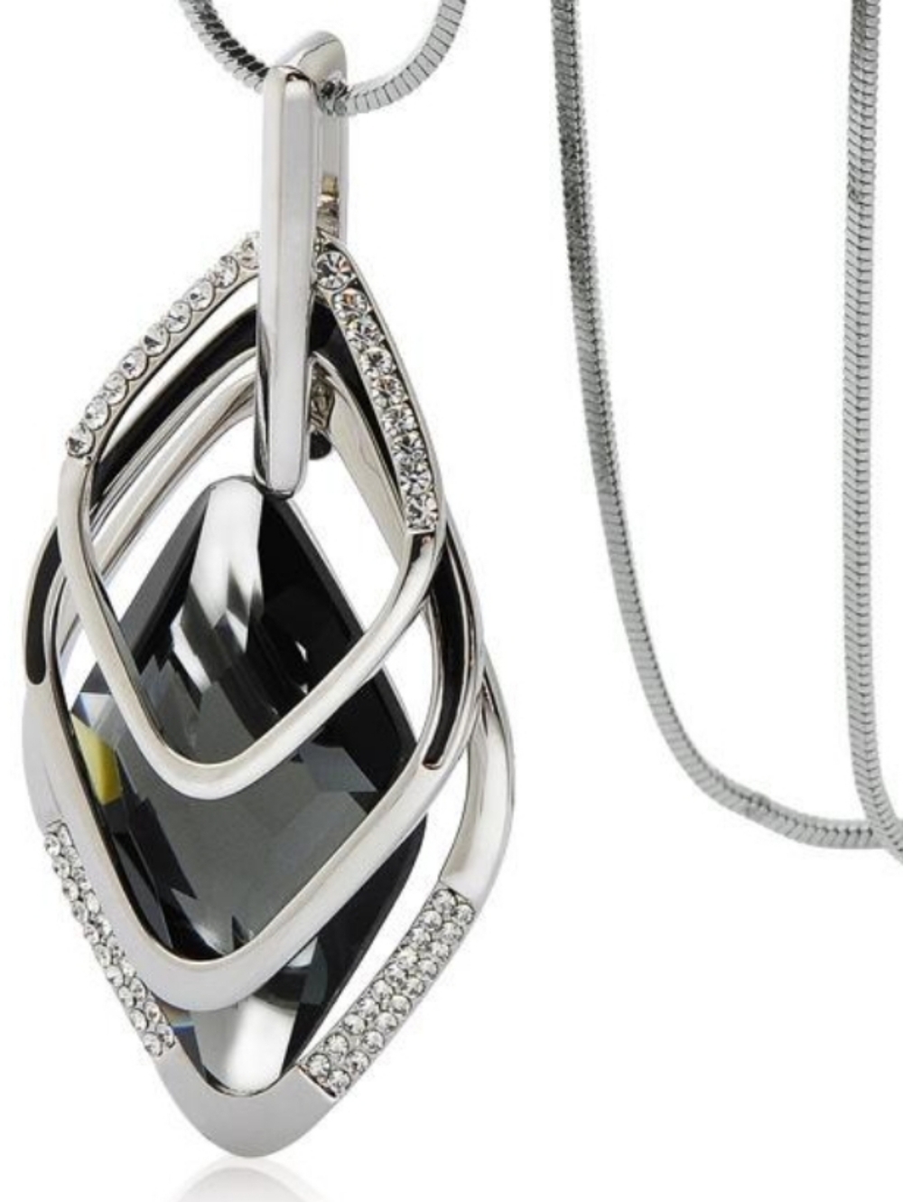 Black Crystal Accent Pendant Necklace in Silver Tone - Picture 8 of 9